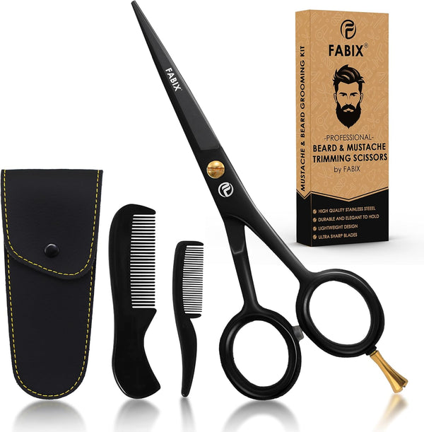 5” Professional Beard Mustache Scissors with 1 Beard Comb, 1 Mustache Comb and Travel Pouch