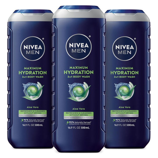 NIVEA MEN Maximum Hydration Body Wash for Dry Skin, Aloe Vera Enriched, 3-in-1