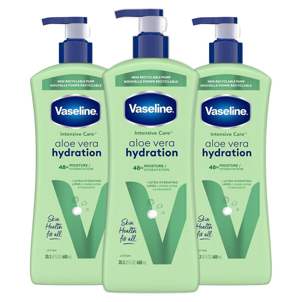 Vaseline Intensive Care Body Lotion for Dry Skin Soothing Hydration Lotion Made with Ultra-Hydrating Lipids + 1% Aloe Vera Extract to Refresh Dehydrated Skin 20.3 oz, Pack of 3